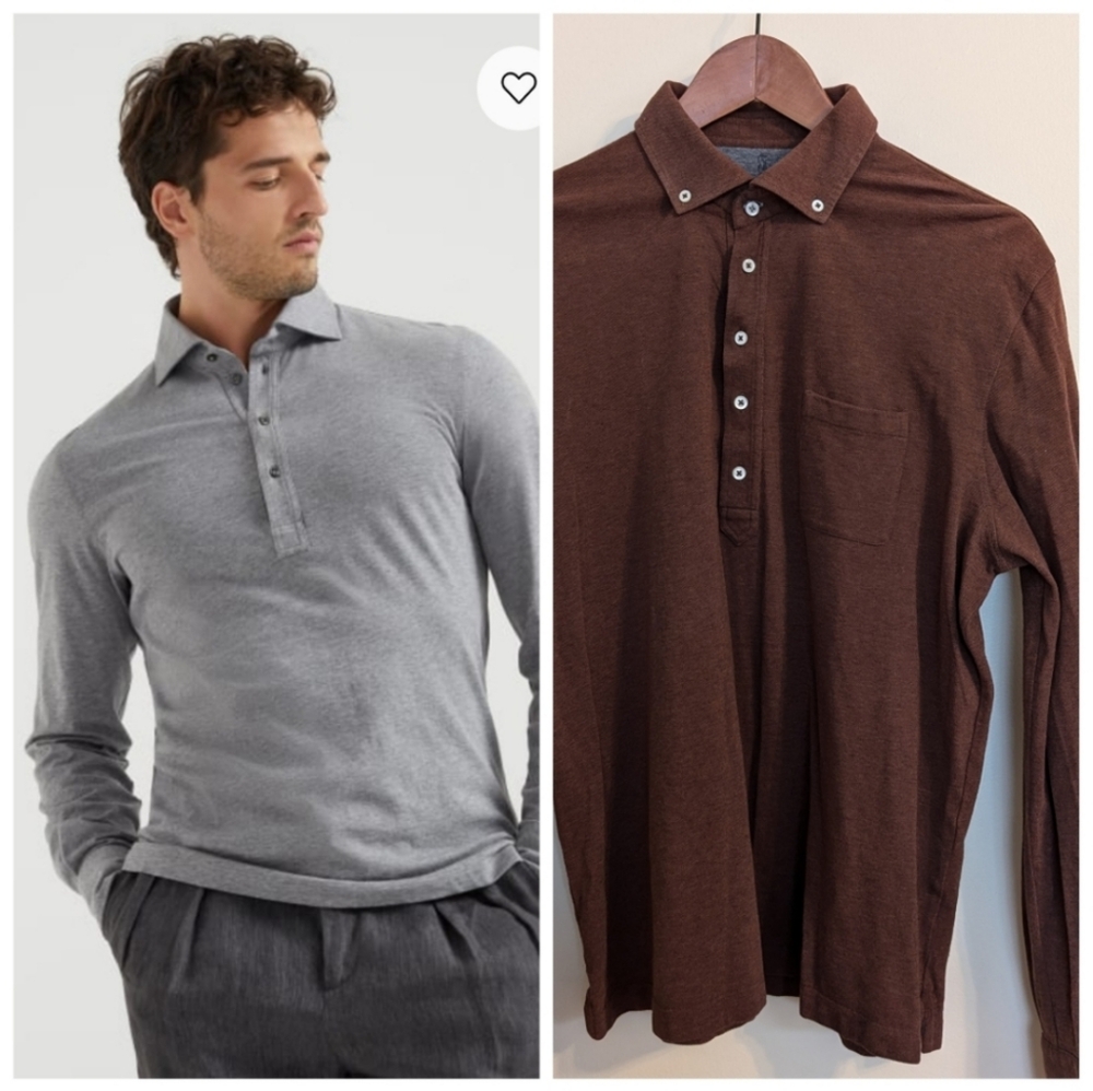 Brunello Cucinelli Brown 1/4 Button Polo Collared Long Sleeve Shirt 50 M…